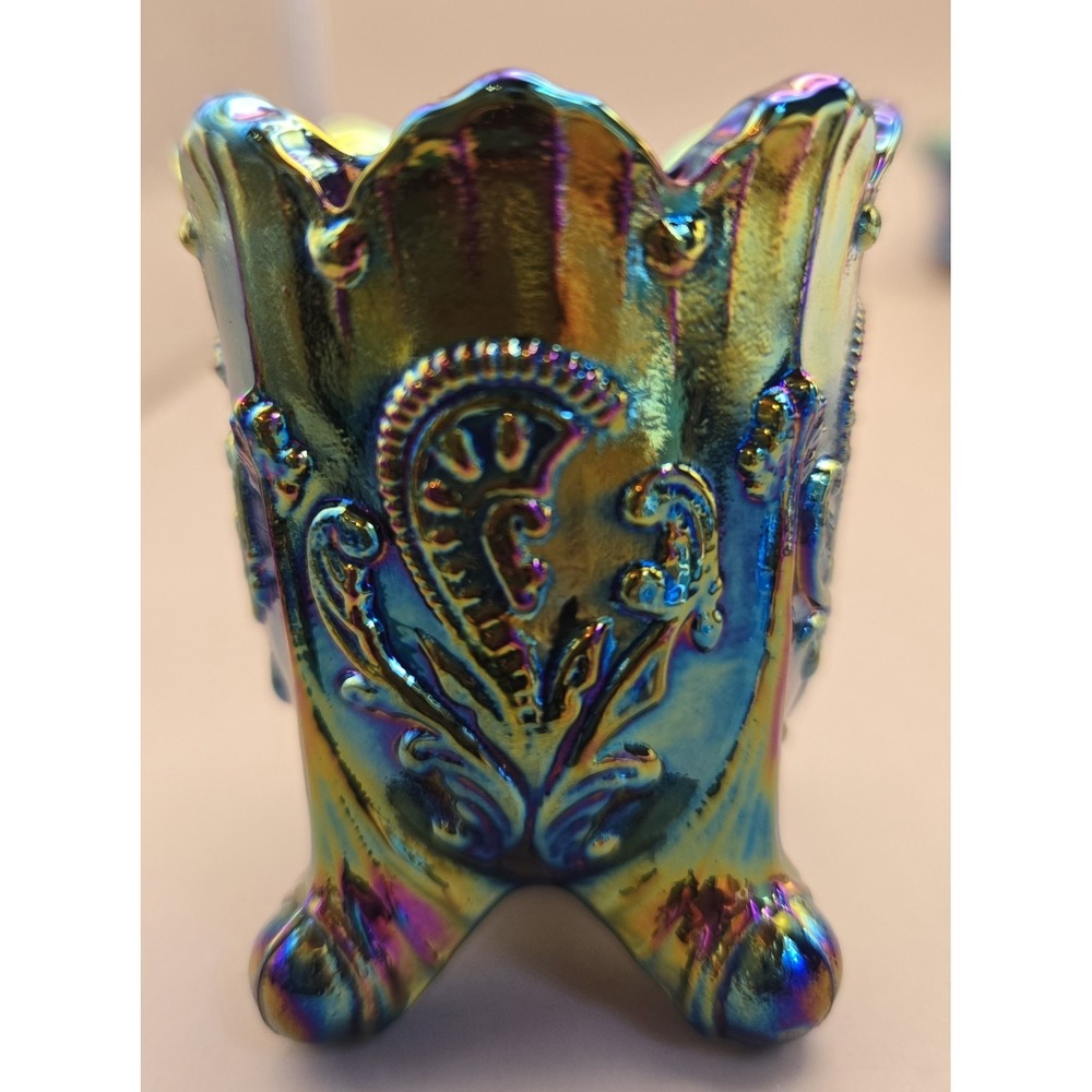 VTG  Toothpick Holder Joe St. Claire Fan Feathers Iridescent Gold, Scalloped Top